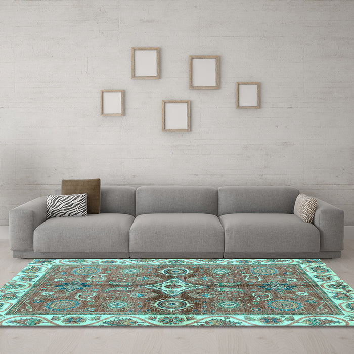 Machine Washable Oriental Light Blue Traditional Rug in a Living Room, wshabs3210lblu