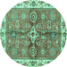 Round Machine Washable Oriental Turquoise Traditional Area Rugs, wshabs3210turq