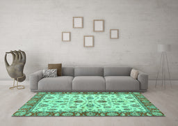 Machine Washable Oriental Turquoise Traditional Area Rugs in a Living Room,, wshabs3212turq