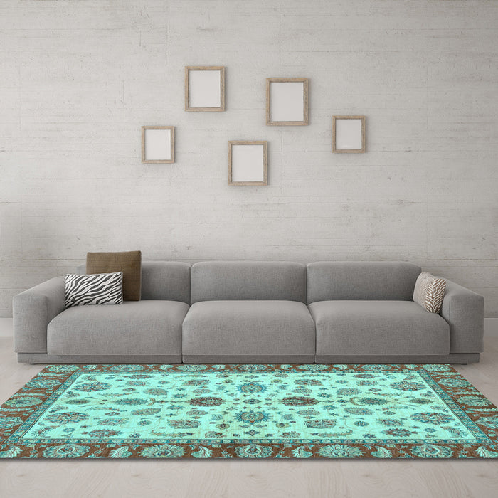 Machine Washable Oriental Light Blue Traditional Rug in a Living Room, wshabs3212lblu