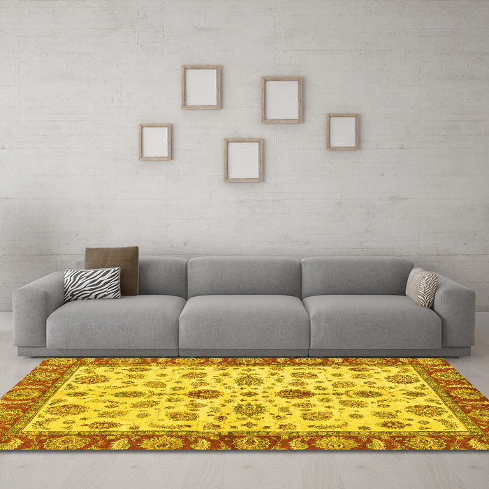 Machine Washable Oriental Yellow Traditional Rug in a Living Room, wshabs3212yw