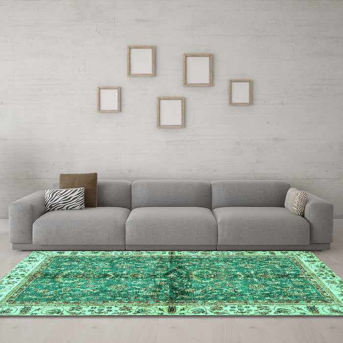 Machine Washable Oriental Turquoise Traditional Area Rugs in a Living Room,, wshabs3213turq