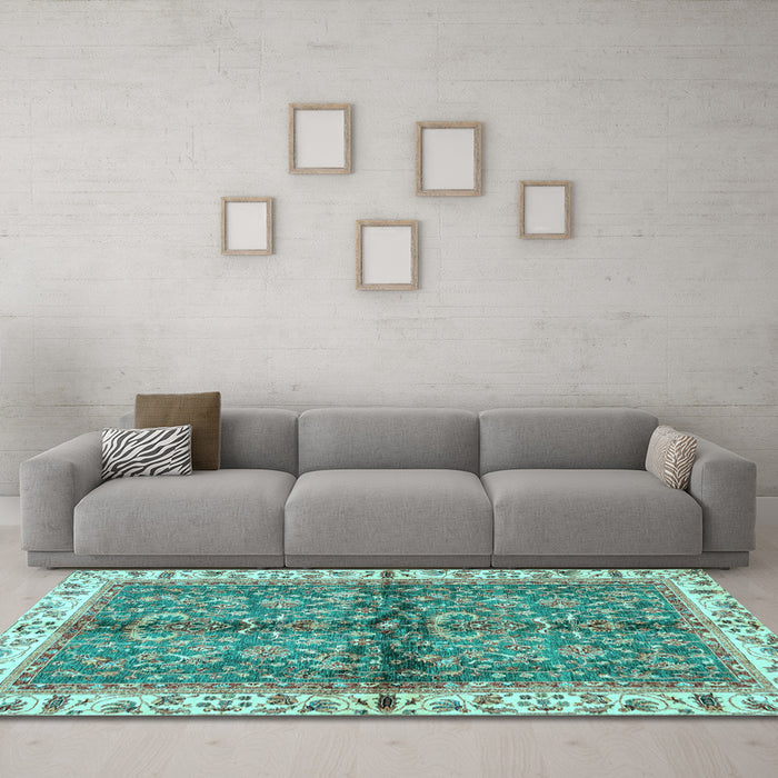 Machine Washable Oriental Light Blue Traditional Rug in a Living Room, wshabs3213lblu