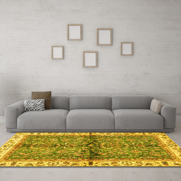 Machine Washable Oriental Yellow Traditional Rug in a Living Room, wshabs3213yw