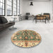 Round Abstract Ginger Brown Green Oriental Rug in a Office, abs3214