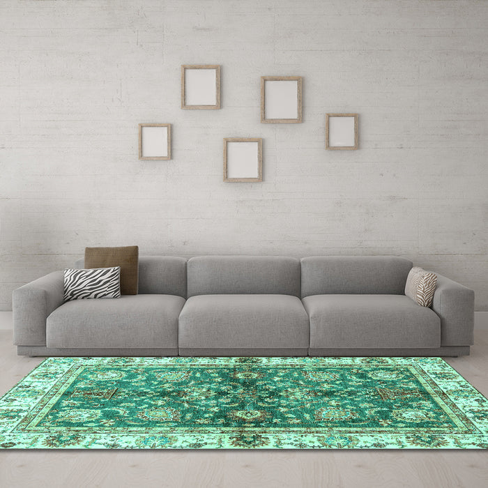 Machine Washable Oriental Turquoise Modern Area Rugs in a Living Room,, wshabs3214turq