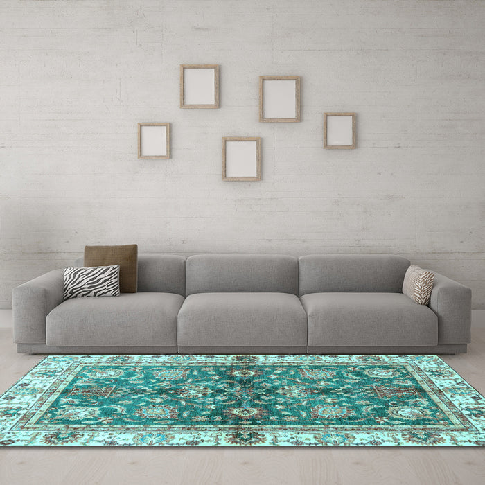 Machine Washable Oriental Light Blue Modern Rug in a Living Room, wshabs3214lblu