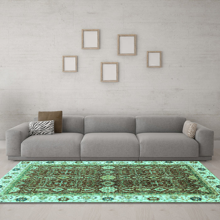 Machine Washable Oriental Turquoise Modern Area Rugs in a Living Room,, wshabs3215turq