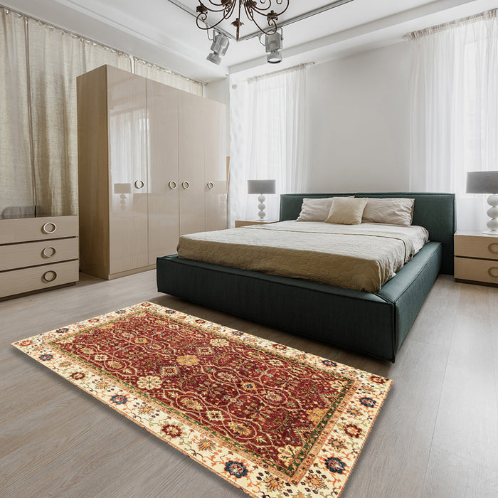 Abstract Yellow Oriental Rug in a Bedroom, abs3215