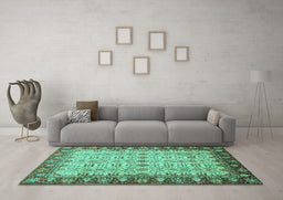 Machine Washable Oriental Turquoise Traditional Area Rugs in a Living Room,, wshabs3217turq