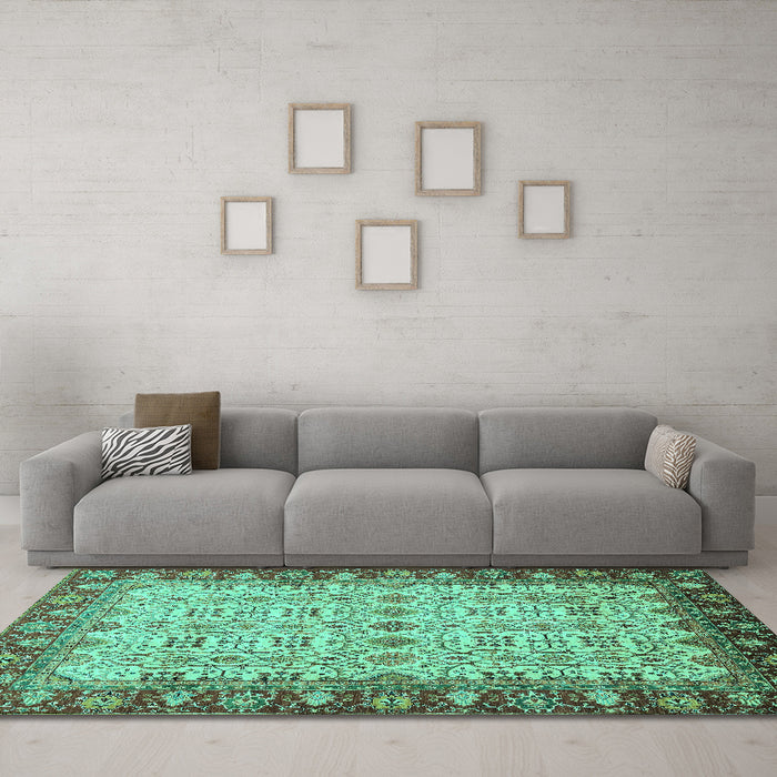 Machine Washable Oriental Turquoise Traditional Area Rugs in a Living Room,, wshabs3217turq