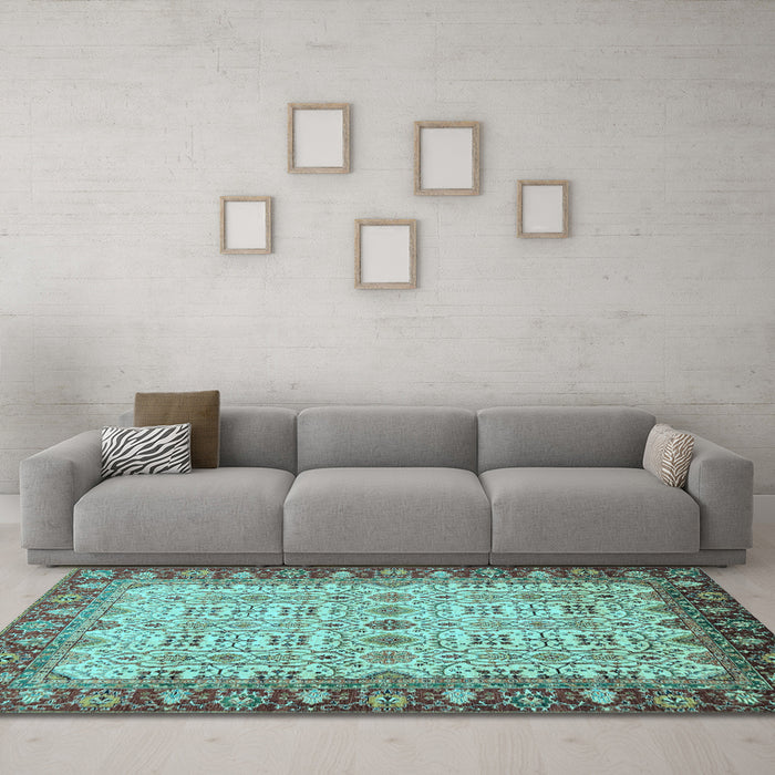 Machine Washable Oriental Light Blue Traditional Rug in a Living Room, wshabs3217lblu