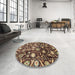 Round Machine Washable Abstract Brass Green Rug in a Office, wshabs3218