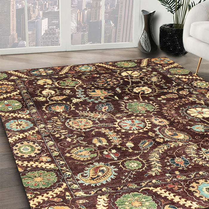 Machine Washable Abstract Brass Green Rug in a Family Room, wshabs3218