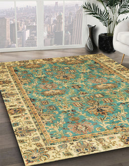 Abstract Avocado Green Oriental Rug in Family Room, abs3219
