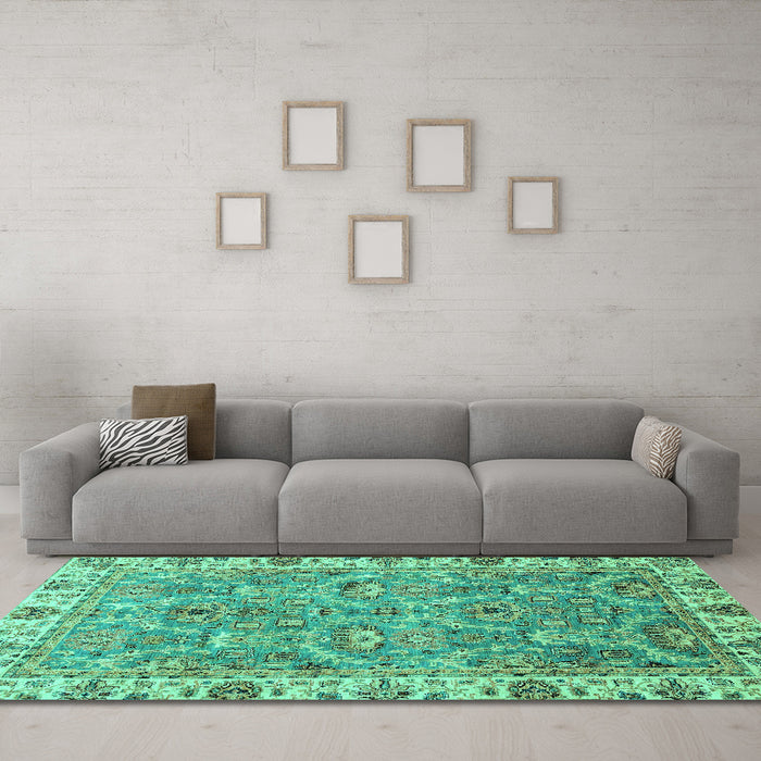 Machine Washable Oriental Turquoise Traditional Area Rugs in a Living Room,, wshabs3219turq