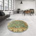 Round Abstract Avocado Green Oriental Rug in a Office, abs3219