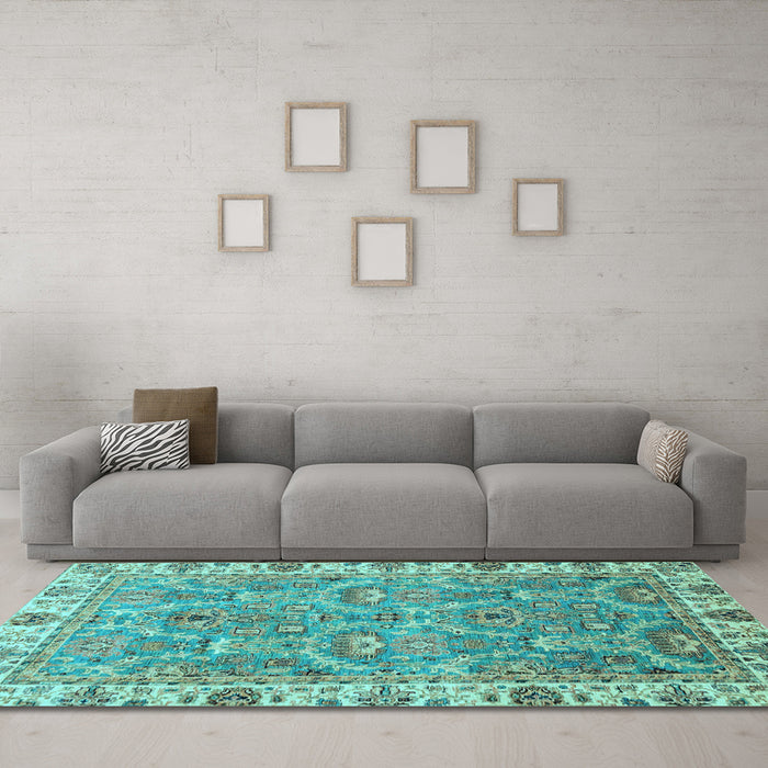 Machine Washable Oriental Light Blue Traditional Rug in a Living Room, wshabs3219lblu