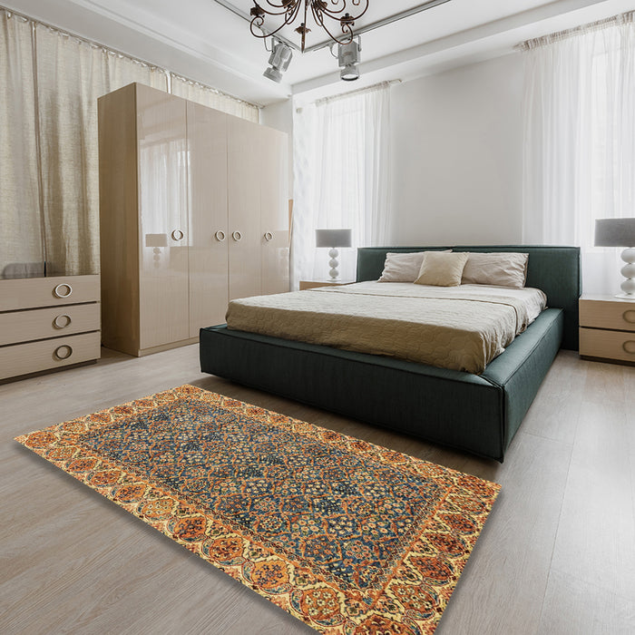 Machine Washable Abstract Metallic Gold Rug in a Bedroom, wshabs3220