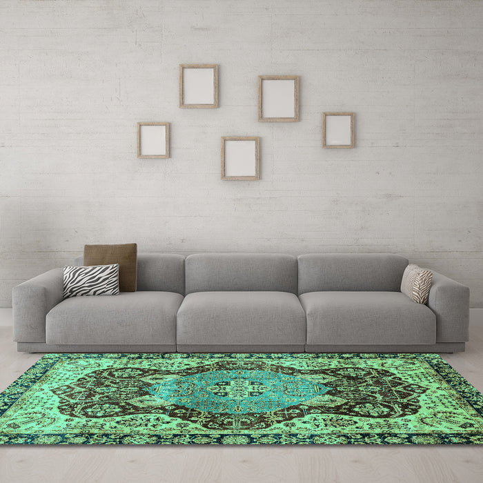 Machine Washable Persian Turquoise Traditional Area Rugs in a Living Room,, wshabs3221turq