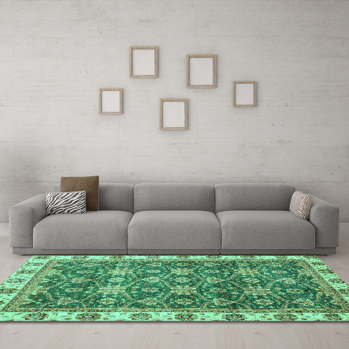 Machine Washable Oriental Turquoise Traditional Area Rugs in a Living Room,, wshabs3222turq