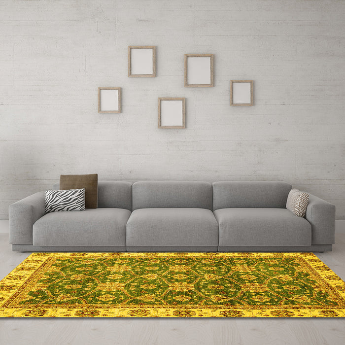 Machine Washable Oriental Yellow Traditional Rug in a Living Room, wshabs3222yw