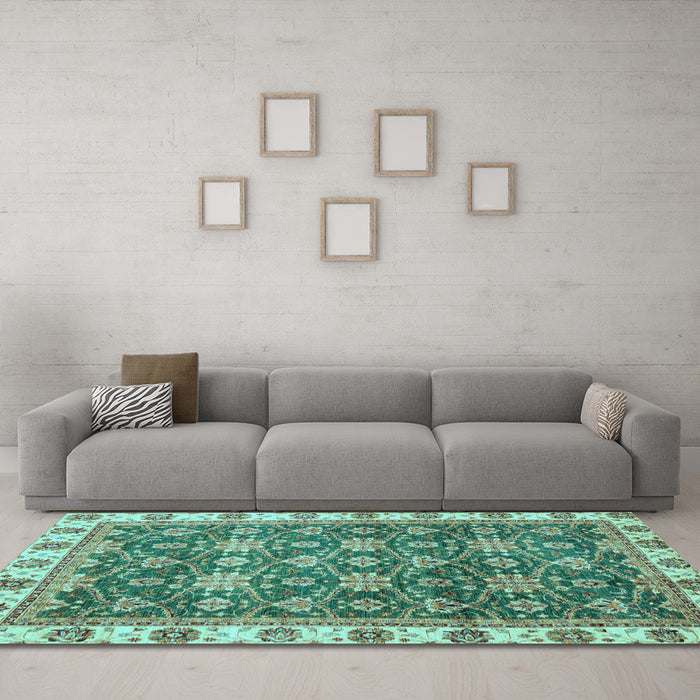 Machine Washable Oriental Light Blue Traditional Rug in a Living Room, wshabs3222lblu