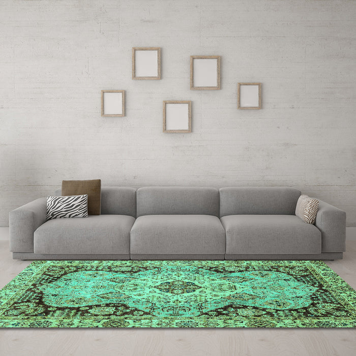 Machine Washable Oriental Turquoise Traditional Area Rugs in a Living Room,, wshabs3223turq