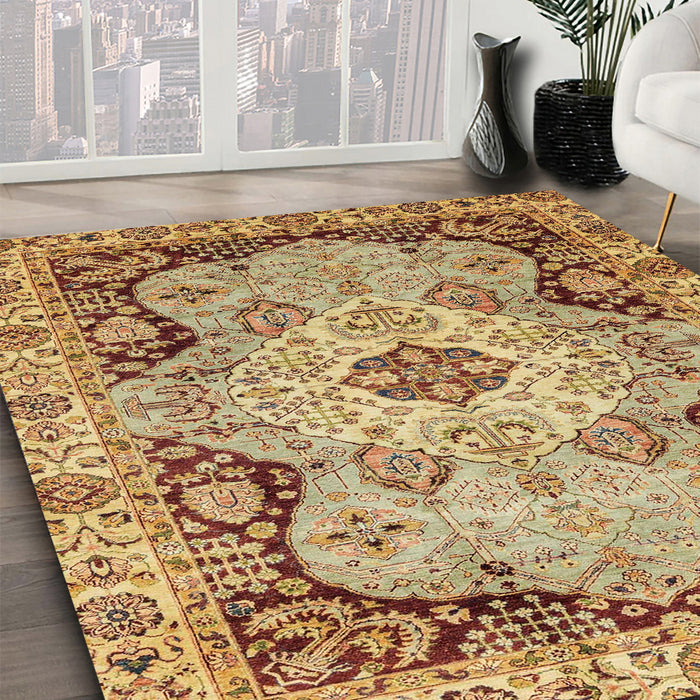 Abstract Yellow Orange Oriental Rug in Family Room, abs3223