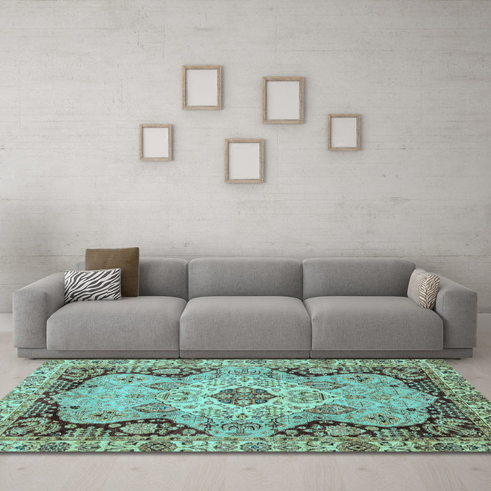 Machine Washable Oriental Light Blue Traditional Rug in a Living Room, wshabs3223lblu