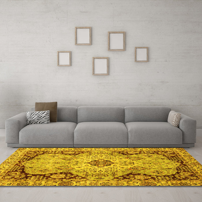 Machine Washable Oriental Yellow Traditional Rug in a Living Room, wshabs3223yw