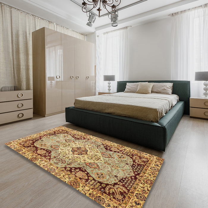 Abstract Yellow Orange Oriental Rug in a Bedroom, abs3223