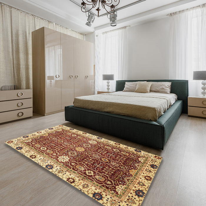 Machine Washable Abstract Tomato Red Rug in a Bedroom, wshabs3224