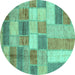 Round Machine Washable Patchwork Turquoise Transitional Area Rugs, wshabs3227turq