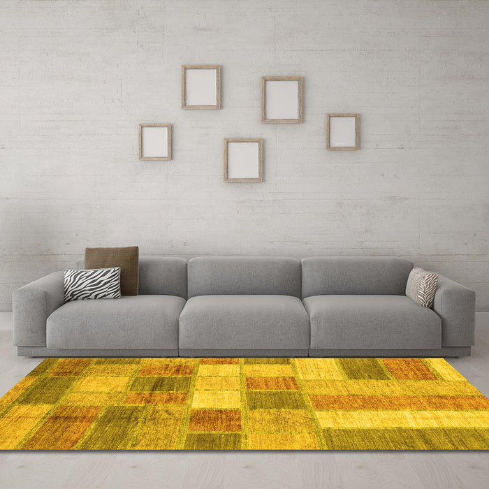 Machine Washable Patchwork Yellow Transitional Rug in a Living Room, wshabs3227yw