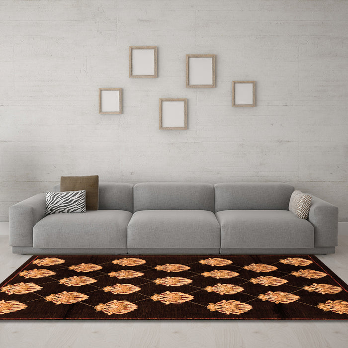 Machine Washable Abstract Orange Modern Area Rugs in a Living Room, wshabs3232org