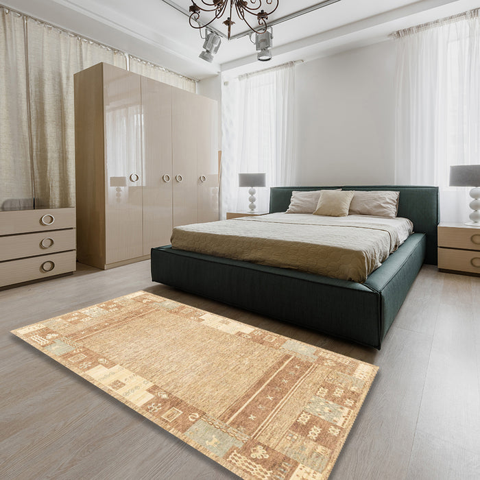 Machine Washable Abstract Brown Gold Rug in a Bedroom, wshabs3234
