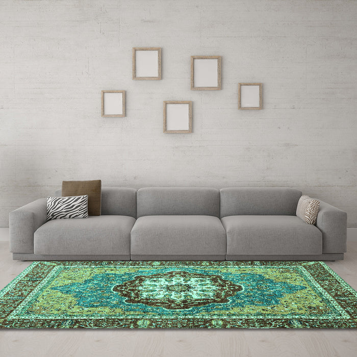 Machine Washable Abstract Turquoise Modern Area Rugs in a Living Room,, wshabs3235turq