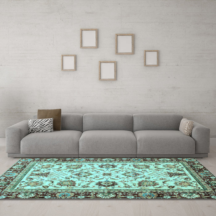 Machine Washable Oriental Light Blue Traditional Rug in a Living Room, wshabs3236lblu