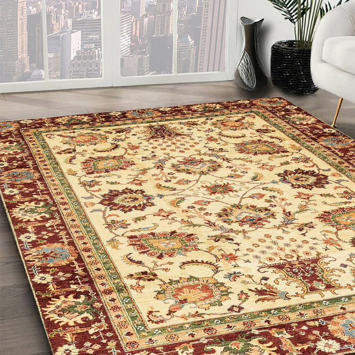 Abstract Mustard Yellow Oriental Rug in Family Room, abs3236