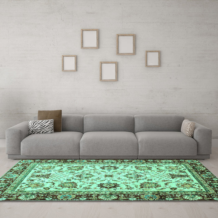 Machine Washable Oriental Turquoise Traditional Area Rugs in a Living Room,, wshabs3236turq