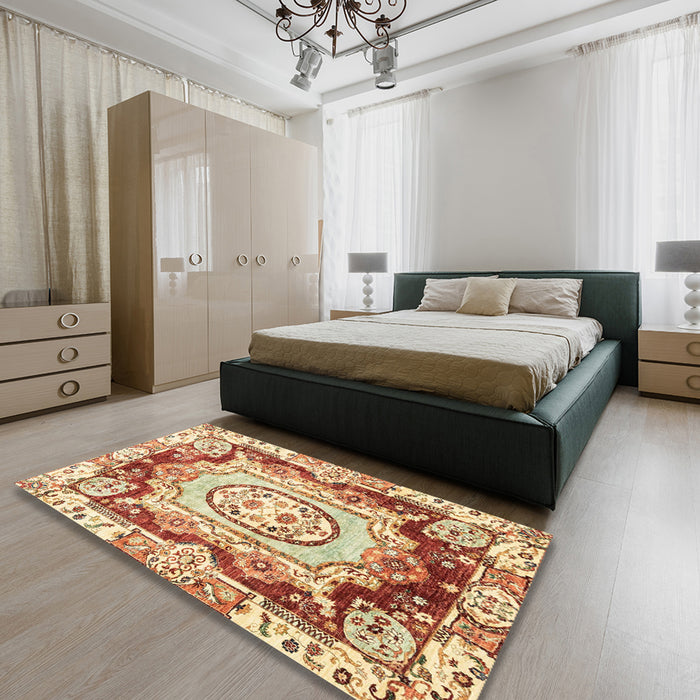 Abstract Brown Gold Modern Rug in a Bedroom, abs3237