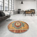 Round Machine Washable Abstract Brown Green Rug in a Office, wshabs3238