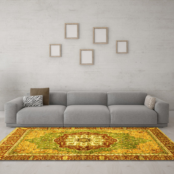 Machine Washable Abstract Yellow Modern Rug in a Living Room, wshabs3238yw