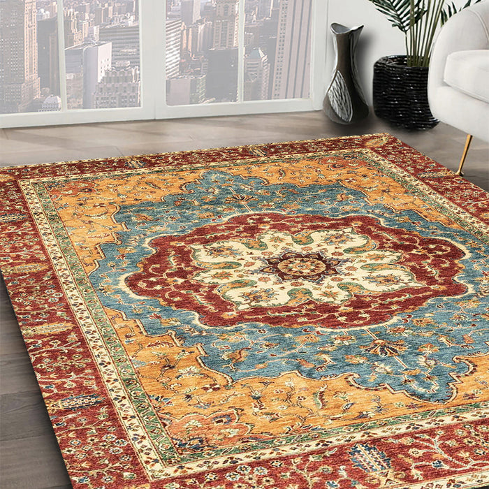 Machine Washable Abstract Brown Green Rug in a Family Room, wshabs3238