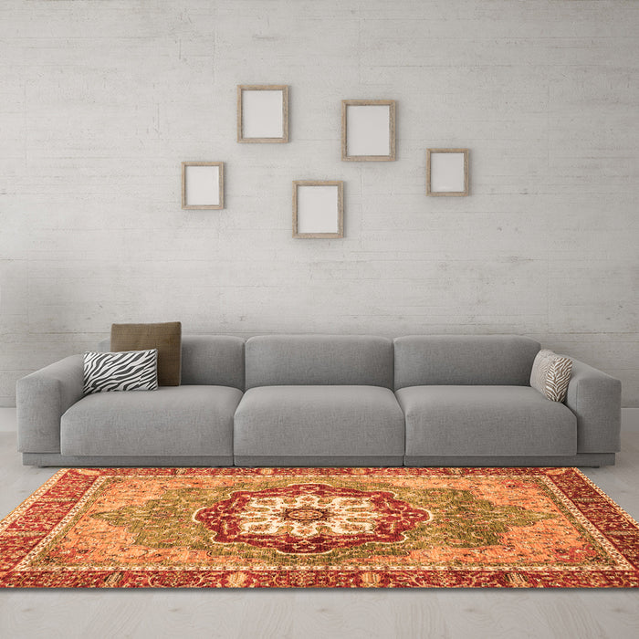 Machine Washable Abstract Orange Modern Area Rugs in a Living Room, wshabs3238org