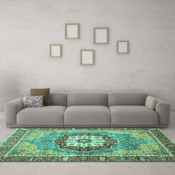 Machine Washable Abstract Turquoise Modern Area Rugs in a Living Room,, wshabs3238turq