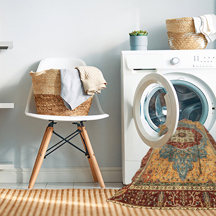 Machine Washable Abstract Brown Green Rug in a Washing Machine, wshabs3238