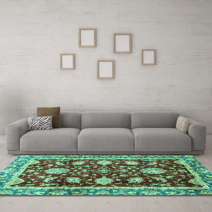 Machine Washable Abstract Turquoise Modern Area Rugs in a Living Room,, wshabs3240turq