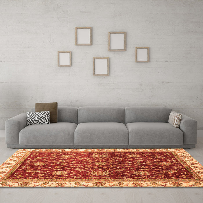 Machine Washable Abstract Orange Modern Area Rugs in a Living Room, wshabs3241org